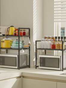 可扩展半层厨房置物架，适用于微波炉和烤箱 | 黑色金属台面收纳架，开放式搁板，非常适合存放调料、餐具、炊具、电器 | 多功能厨房置物架 | 黑色金属框架 - 彩色 - 查看 2