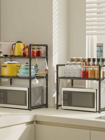 Expandable 1/2 Tier Kitchen Storage Rack, Suitable For Microwave And Oven | Black Metal Countertop Organizer Rack With Open Shelves, Great For Storing Spices, Utensils, Cookware, Appliances | Functional Kitchen Rack | Black Metal Frame