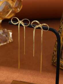 1件女士时尚简约18K镀金铜蝴蝶结颈链，无需耳洞，流苏耳夹，适合节日、派对和日常佩戴，天鹅绒袋包装 - 金色 - 查看 9