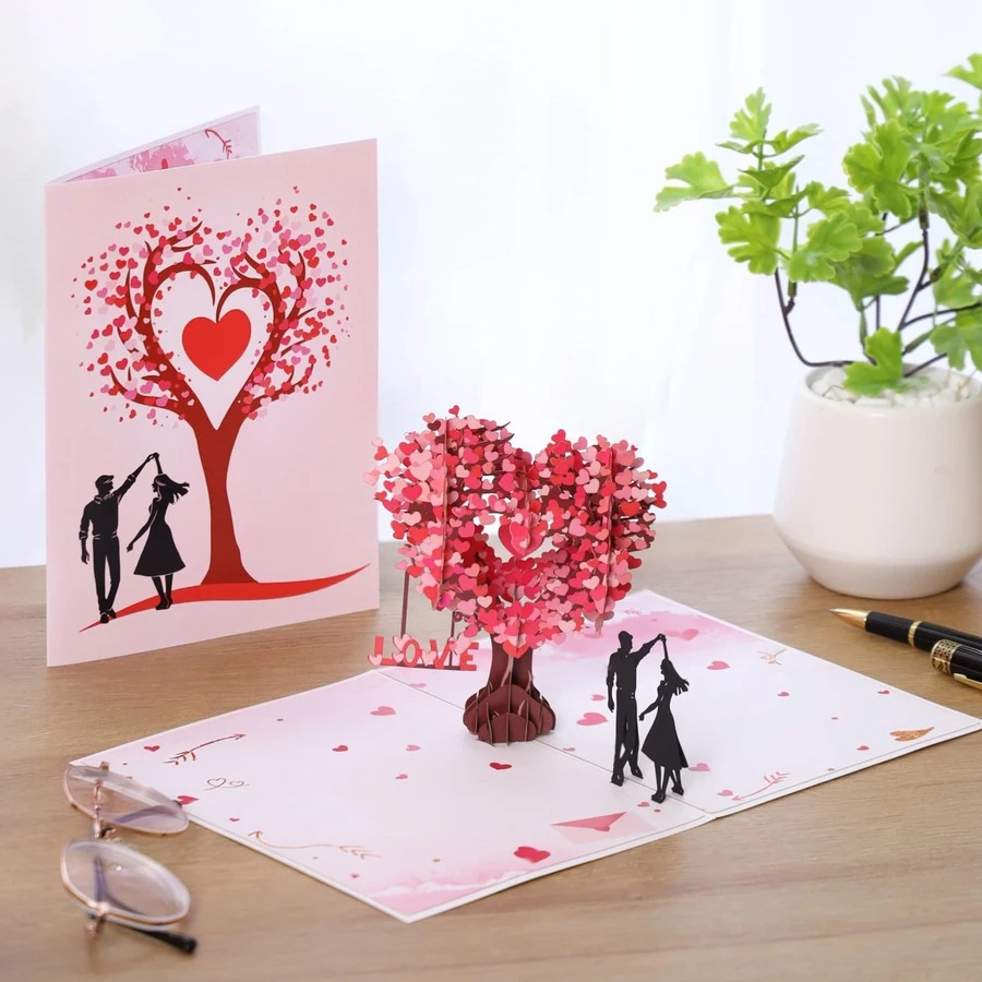 Bestselling Valentine's Day Greeting Card: 3D Heart-Shaped Tree Pop-Up Card, Couple's Gift Card, Anniversary Card - Hồng - Xem 1