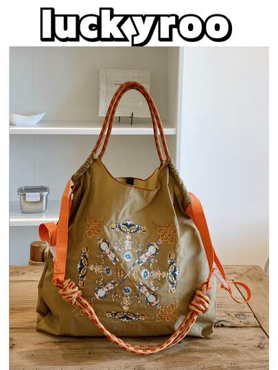 新款女士手提包，波西米亚风结饰花卉图案，日式刺绣托特包，大容量通勤包，轻便可折叠，适合购物、休闲、运动、户外、节日、派对等场合，也是一份惊喜礼物。