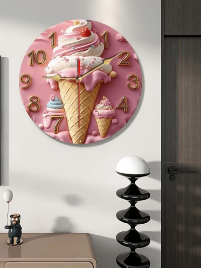 2D Flat Ice Cream Pattern Wooden Wall Clock - Colorful And Detailed Sweet Decor, Suitable For Home, Bedroom Or Kitchen, Battery-Free, 2D Flat Wall Clock, Decorative Wall Clock, Ice Cream Decor