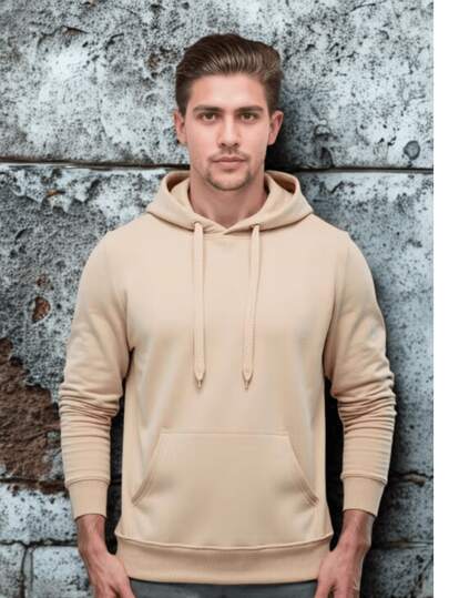 Męska bluza z kapturem, ściągaczem i kieszenią, w jednolitym kolorze, z długim rękawem, odpowiednia do codziennego noszenia w mieście, np. do szkoły, dojazdów do pracy i na co dzień, w minimalistycznym stylu