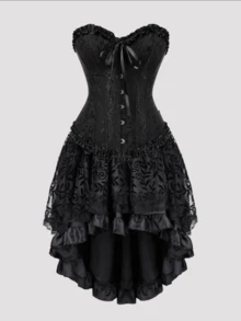 Jutrisujo Corset Dress And Skirt Set 2-Piece Style Plus Size Bustier Gothic Brocade Lace Costume Renaissance Halloween - 819black+7056black - 查看 12