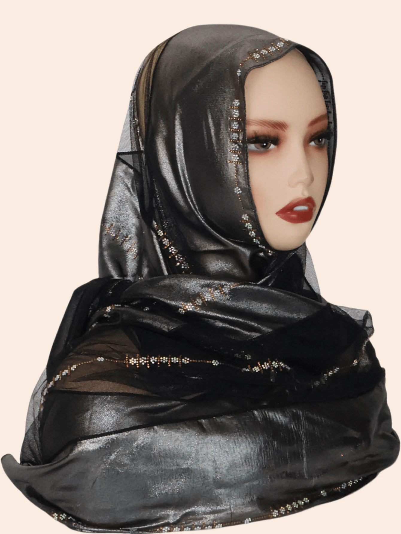 1pc Women's Fashionable Elegant Muslim Hijab Scarf, Patchwork Print Design With Rhinestone Scarf Craftsmanship, Middle Eastern Style Long Scarf