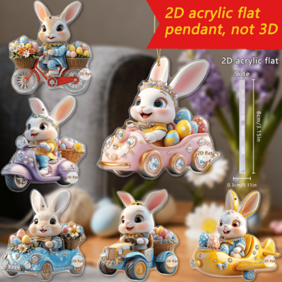 1/6 piezas Lindo adorno colgante de conejo de Pascua en 2D de acrílico plano, conejo conduciendo un vehículo con huevos, accesorio para espejo retrovisor de auto, decoración de fiesta festiva, decoración del hogar, regalo