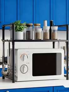 可扩展半层厨房置物架，适用于微波炉和烤箱 | 黑色金属台面收纳架，开放式搁板，非常适合存放调料、餐具、炊具、电器 | 多功能厨房置物架 | 黑色金属框架 - 彩色 - 查看 6