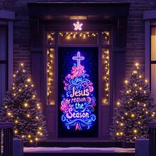 2D夜光窗帘，“耶稣是原因”字样窗帘，荧光窗帘，圣诞霓虹风格门旗，适用于紫外线灯下