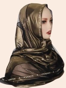 1pc Women's Fashionable Elegant Muslim Hijab Scarf, Patchwork Print Design With Rhinestone Scarf Craftsmanship, Middle Eastern Style Long Scarf
