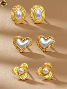 3 pares de pendientes de perla con lazo elegantes, de diseño vintage y lujoso, hechos de acero inoxidable. Adecuados para uso diario y ocasiones festivas, un accesorio versátil para mujeres durante todo el año. Pendientes de perla, diseño de lujo de alta gama, excelentes para el Día de San Valentín. Joyería occidental - Multicolor - Ver 7