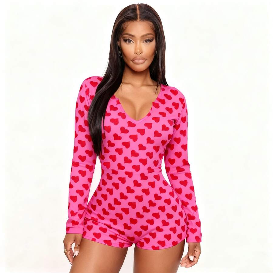Womens Romper Shorts Slim Fit Love Heart Print V Neck Long Sleeve Jumpsuit For Valentines Day And Daily Life - Màu Hồng Tươi - Xem 1