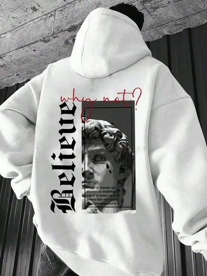 Áo hoodie nam cỡ lớn với họa tiết chữ và tượng, thích hợp cho trang phục thường ngày.