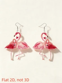 2D火烈鸟情侣吊坠耳环，情人节礼物，扁平亚克力耳环，时尚精致 - 情侶紅鶴 - 查看 1