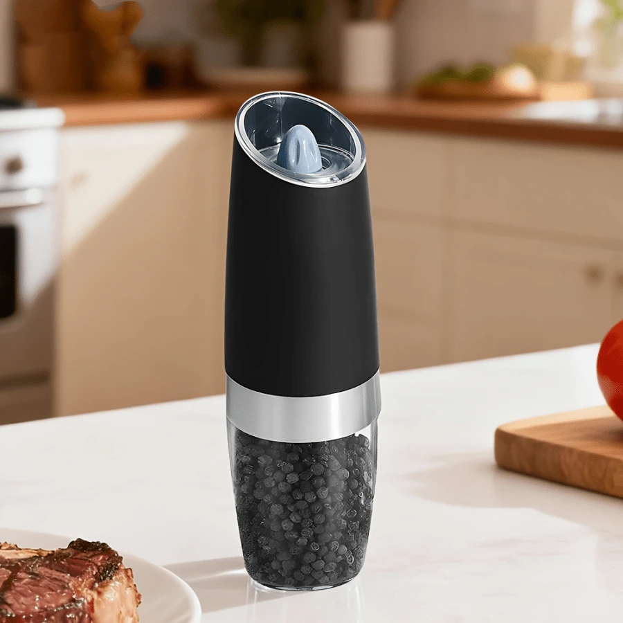 1pc Electric Pepper Grinder, Minimalist Black & Silver Conical Automatic Seasoning Dispenser, Suitable For Home Kitchen / Western Cuisine Cooking - Black - View 1