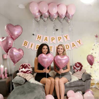 Happy Birthday Letter Balloons Set, Includes Pink & Fuchsia "Happy Birthday" Letter Balloons, Pearl Pink Heart & Bow Foil Balloons, Suitable For Birthday Party, Anniversary Celebration, Home Decor, Photography Prop, Backdrop Decoration