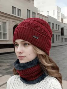 2pcs/Set Hat & Scarf For Women, Autumn/Winter Warm Knitted Hat With Thermal Lined, Versatile Riding Ear Protection Hat & Fuzzy Scarf, Random Color - Multicolor - View 7