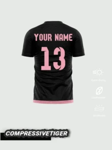 1pc Customized JUL Theme Black & Pink Football Jersey - Personalized Name & Number Printing (Front/Back) - Fashionable Quick-Dry Breathable Top, Suitable For Sports And Casual Wear - Unique Fan Design Men's Soccer Shirt (Spring/Summer), Ideal For 90-Minute Football Match, Valentine's Day Gift - Black - View 2