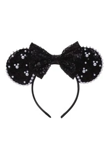 1pc Cute Cartoon Minnie Mouse Ears, Sequin Mouse Ears Headband, Shiny Faux Pearl Big Mouse Ears Headband, Pearl Sequin Headband, Bow Sequin Mouse Ears Headband, Princess Style, Suitable For Student Parties, Costume Balls, Cosplay, Valentine's Day Costume