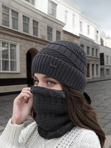 2pcs/Set Hat & Scarf For Women, Autumn/Winter Warm Knitted Hat With Thermal Lined, Versatile Riding Ear Protection Hat & Fuzzy Scarf, Random Color - Multicolor - View 5