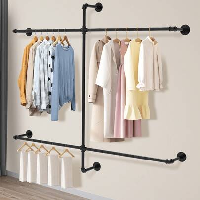 GCCSJ Wall-Mounted Clothes Rack,Pipe Clothing RackIndustrial Pipe Clothing Racks Wall Mounted, Pipe Clothes Rack With 4 Hanging Rods, Heavy Duty Garment Rack For Bedroom, Laundry Room, Closet Systems For Walk In Closets