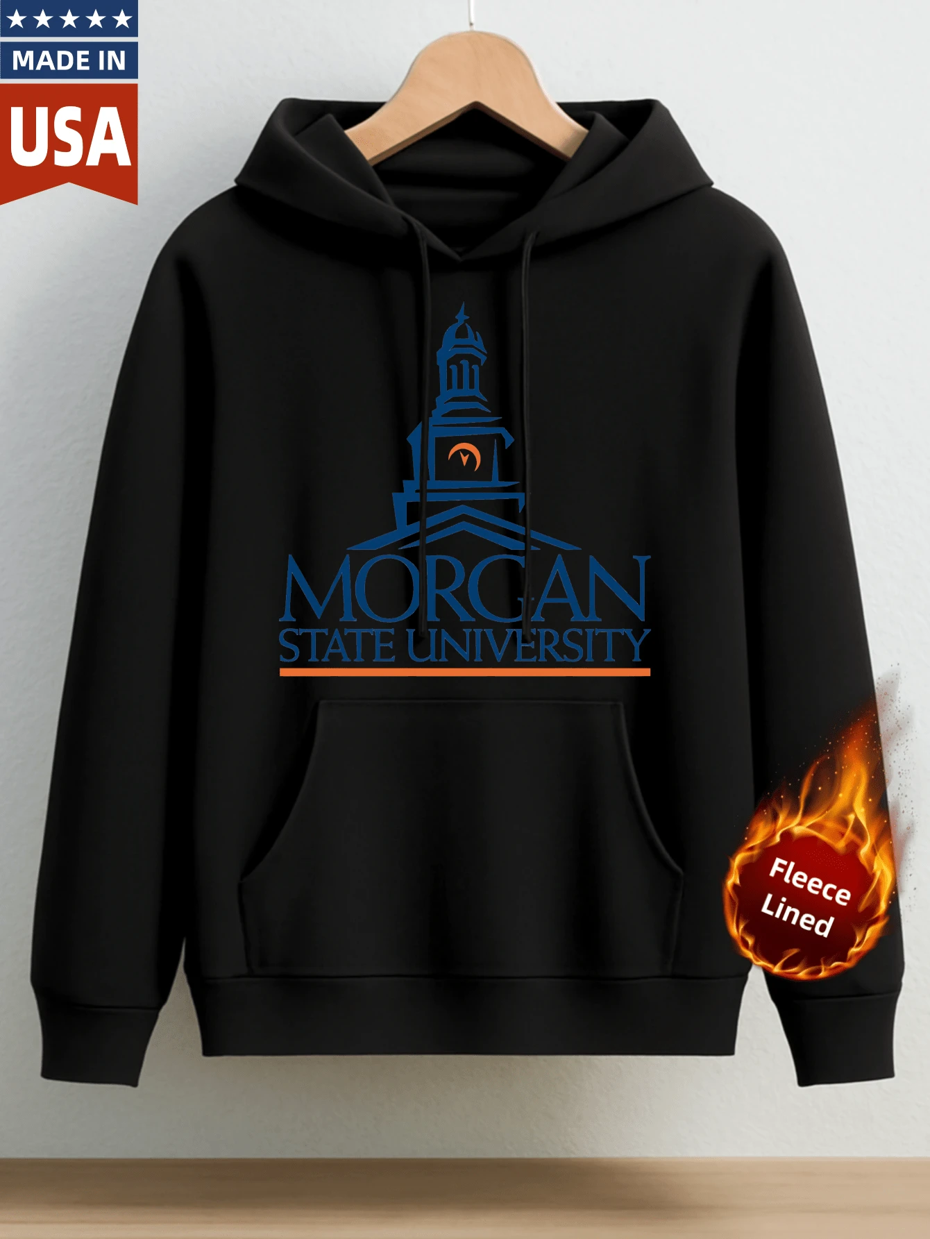 Mens 300G Cotton Fleece Hoodie Unisex Casual Sport Sweatshirt Autumn Winter Warm Wear   Morgan State University Logo Printed Design With Tower And School Name In Blue And Orange Colors   Perfect For College Campus Daily Wear Outdoor Activities And Cold Weather Comfortable Fit For Fall And Winter Seasons - 黑色 - 查看 1