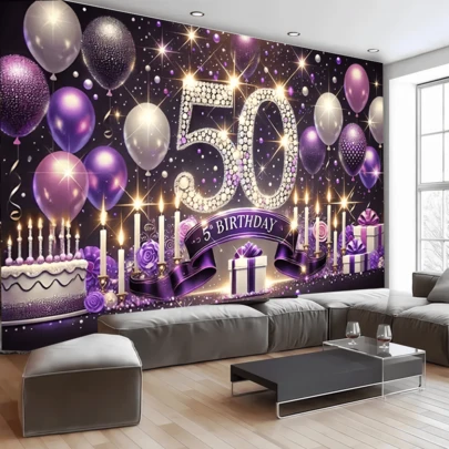 1PC,2D Flat, Purple 50th Birthday Background Banner, Polyester Fabric, Diamonds, Balloons, Gift Design, Used For 50th Birthday Party Decoration, Birthday Celebration, Birthday Background Cloth, Anniversary, Retirement Party, Milestone Commemoration