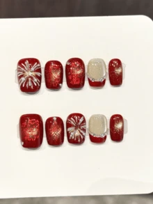 10 Peças Unhas Postiças Caixão Ultrarrápidas Feitas à Mão para Festa e Uso Diário, Fogos de Artifício do Ano Novo Relâmpago para Celebrar o Vento Nacional, Unhas Caixão Ultrarrápidas, Fáceis de Usar 10 Peças Unhas Postiças Feitas à Mão Y2K, Adequadas para Meninas e Mulheres em Festivais, Festas e Suprimentos de Unhas para Uso Diário - Vermelho - Visão 9