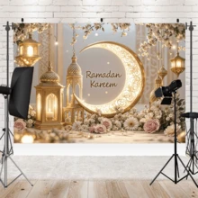 1-Piece Ramadan Happy Decoration Banner, Eid Al-Fitr Crescent Moon Background, Polyester Material, Gold Crescent Moon And Lantern Design, Suitable For Room And Party Wall Decorations, Festive Home Decor For New Year And Eid. Party Supplies - Multicolor - View 2