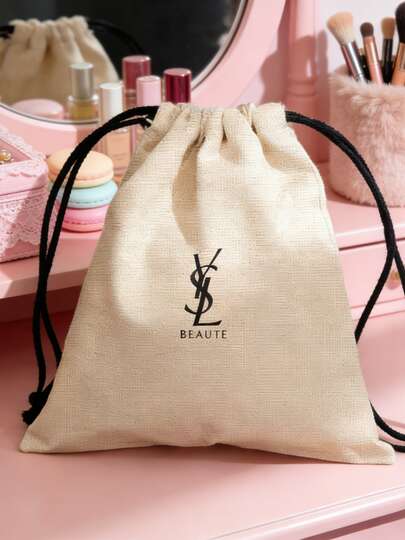 Yves Saint Laurent White Drawstring Storage Bag - Multifunctional Makeup, Lipstick, Jewelry, Small Items Organizer Bag. Beauty Drawstring Bag, White Canvas Cosmetic Bag With Black Logo And Cord, Reusable Makeup Organizer Bag