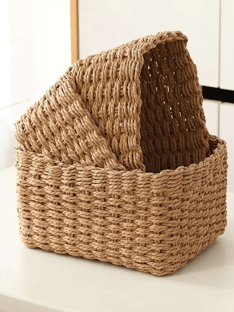 Bộ 3 giỏ đựng đồ đan tay màu be, thích hợp cho phòng tắm, phòng ngủ, phòng khách, văn phòng | Thùng rác trang trí bằng mây, có thể dùng cho kệ, tủ đựng đồ, ngăn kéo | Giải pháp tiết kiệm không gian đa năng | Ý tưởng quà tặng, giỏ đựng đồ