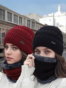 2pcs/Set Hat & Scarf For Women, Autumn/Winter Warm Knitted Hat With Thermal Lined, Versatile Riding Ear Protection Hat & Fuzzy Scarf, Random Color - Multicolor - View 1