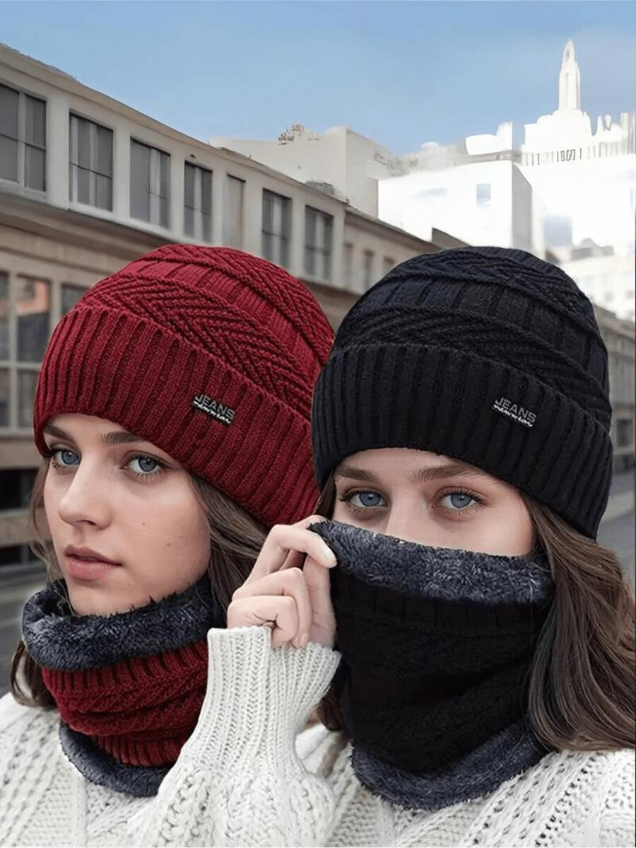 2pcs/Set Hat & Scarf For Women, Autumn/Winter Warm Knitted Hat With Thermal Lined, Versatile Riding Ear Protection Hat & Fuzzy Scarf, Random Color - Multicolor - View 1