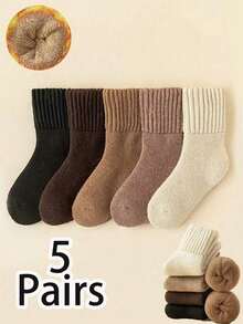 5 Pairs Thick Solid Color Wool Socks, Warm Thermal Lined Snow Socks, Hand Wash & Machine Wash - Multicolor - View 9
