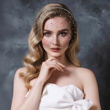 1件黑色网纱头箍，带水钻面纱，适合宴会、舞会、派对配饰