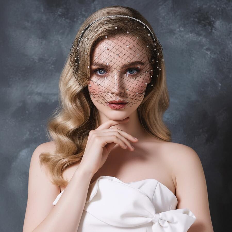 1件黑色网纱头箍，带水钻面纱，适合宴会、舞会、派对配饰