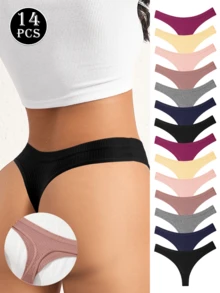 14-Pack Simple Ribbed Women's Underwear Cotton Soft And Comfortable Sexy Thong, Fashionable Solid Color Women's Underwear, XS-XL Size Optional, Spring And Summer Low Waist Seamless Women's Sexy Shorts, Bikini Underwear - 彩色 - 查看 5