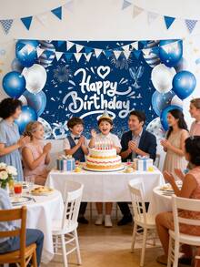 海军蓝生日快乐背景幕布 - 乙烯基派对装饰背景，带有气球和彩旗设计，适用于成人和儿童生日派对拍照区 - 藍色 - 查看 7