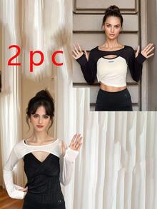 2pcs Solid Color Shoulder Sleeve Cover, Comfortable Fitted Short Modol Cover Up With Detachable Collar, Black, Long Sleeve, Suitable For Daily Wear