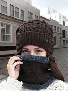 2pcs/Set Hat & Scarf For Women, Autumn/Winter Warm Knitted Hat With Thermal Lined, Versatile Riding Ear Protection Hat & Fuzzy Scarf, Random Color - Multicolor - View 3