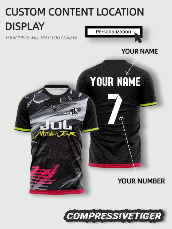 1pc Personalized JUL Theme Football Jersey - Customizable Name And Number Printing (Front/Back) - Quick-Dry Breathable Fabric, Fashionable Black-Gray-Pink Color Scheme - Multifunctional Fan Shirt, Suitable For Football, Fitness And Casual Wear (Spring/Summer), Valentine's Day Gift, 90-Minute Football Match