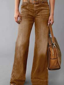 Quần jean ống rộng nữ mới, quần dài thời trang cao cấp, thoải mái và vừa vặn, phù hợp cho mọi mùa, đa năng cho trang phục hàng ngày mùa xuân. - màu nâu - Xem 2