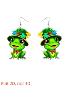2件装亚克力扁平2D四叶草青蛙吊坠耳环，圣帕特里克节饰品，适合日常佩戴和派对场合 - 三葉草青蛙 - 查看 6