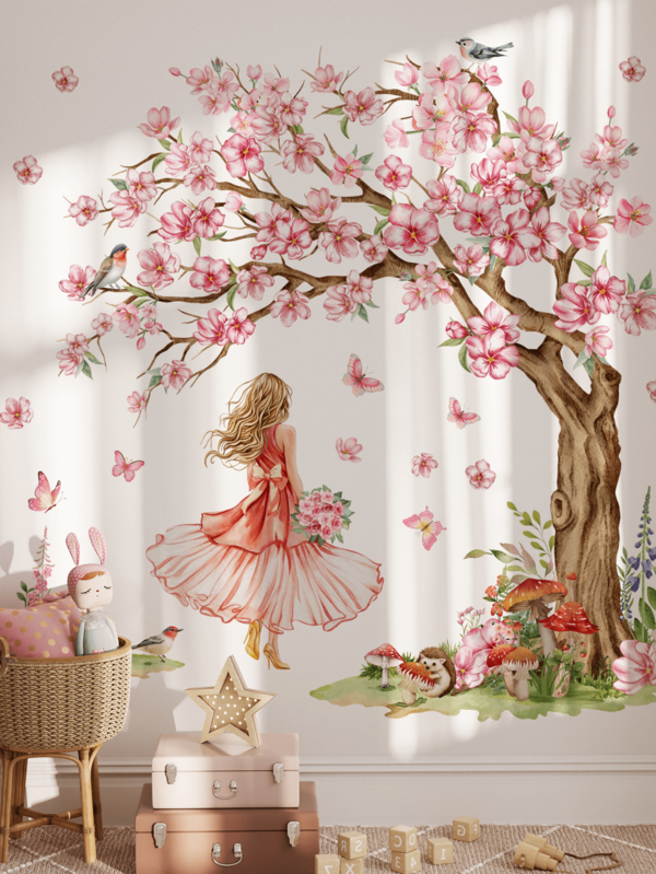 1pc Creative Girl Silhouette & Peach Blossom Tree Wall Decal, Removable Matte Finish Wall Sticker For Living Room, Bedroom, Kids Room, Home Decor, Spring Decoration, Gift For Birthday, Graduation