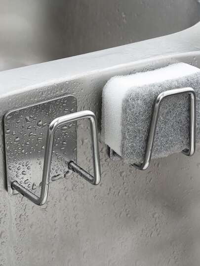 2 件套不锈钢厨房水槽收纳架，带海绵架和钢丝绒架 - 沥水设计，3M 背胶壁挂式安装，适用于台面和水槽边缘