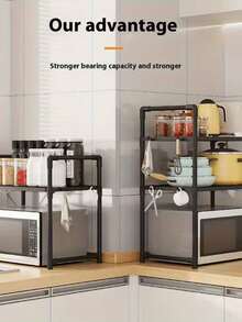 可扩展半层厨房置物架，适用于微波炉和烤箱 | 黑色金属台面收纳架，开放式搁板，非常适合存放调料、餐具、炊具、电器 | 多功能厨房置物架 | 黑色金属框架 - 彩色 - 查看 10