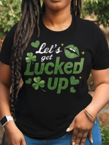 Ladies Black And White Two-Color Short-Sleeved T-Shirt 220gLets Get Lucky Up St Patricks Day Shirt Women Funny Green Clover T-Shirt Cute Lucky Shamrock Graphic Tee For Saint Patrick's Day CelebrationLeisure Home Outdoor Valentine's Day Party Gift - 黑色 - 查看 2