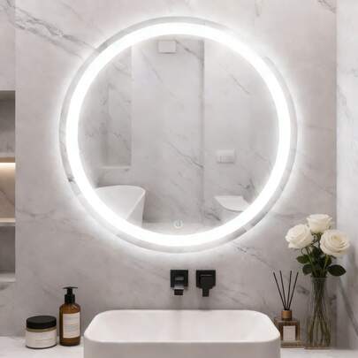 Espejo táctil circular inteligente, con teclas táctiles de un clic, iluminación de tres temperaturas de color, ajustable libremente, 60 * 60 cm, diseño moderno y simple, adecuado para baños de centros comerciales hoteleros, duchas familiares, dormitorios, cómoda, guardarropa ﻿