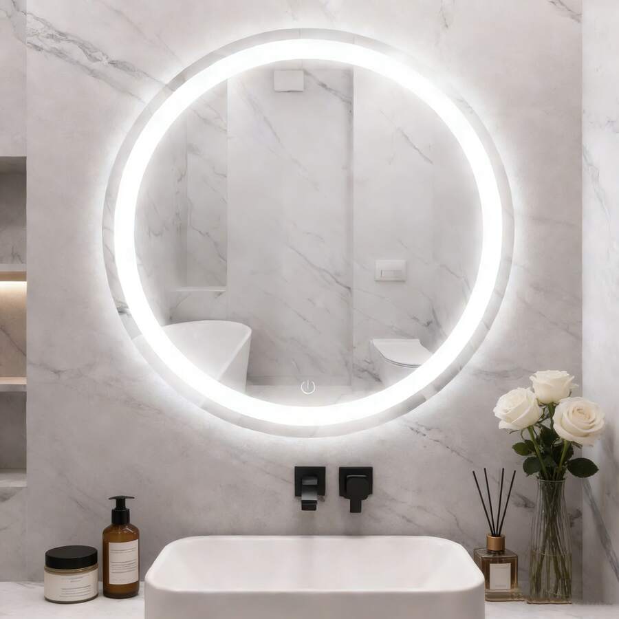 Espejo táctil circular inteligente, con teclas táctiles de un clic, iluminación de tres temperaturas de color, ajustable libremente, 60 * 60 cm, diseño moderno y simple, adecuado para baños de centros comerciales hoteleros, duchas familiares, dormitorios, cómoda, guardarropa ﻿ - Blanco - Ver 1