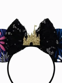 1pc Cute Cartoon Minnie Mouse Ears With Glitter Castle Design, Colorful Fireworks & Floral Pattern, Elegant Bow Headband Suitable For Festivals, Student Parties, Masquerades, Cosplay, Theme Parks, And More. This Mouse Ear Headband With Bow Is Unisex And Perfect For Princess Roleplay, Birthday Celebrations, And Christmas Parties. (Color And Style Sent Randomly) - Random Styles - View 2