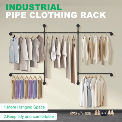 GCCSJ Wall-Mounted Clothes Rack,Pipe Clothing RackIndustrial Pipe Clothing Racks Wall Mounted, Pipe Clothes Rack With 5 Hanging Rods, Heavy Duty Garment Rack For Bedroom, Laundry Room, Closet Systems For Walk In Closets